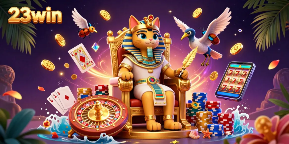 Engage with 23win's exciting 3D casino scene featuring a pharaoh cat and dynamic gaming elements.