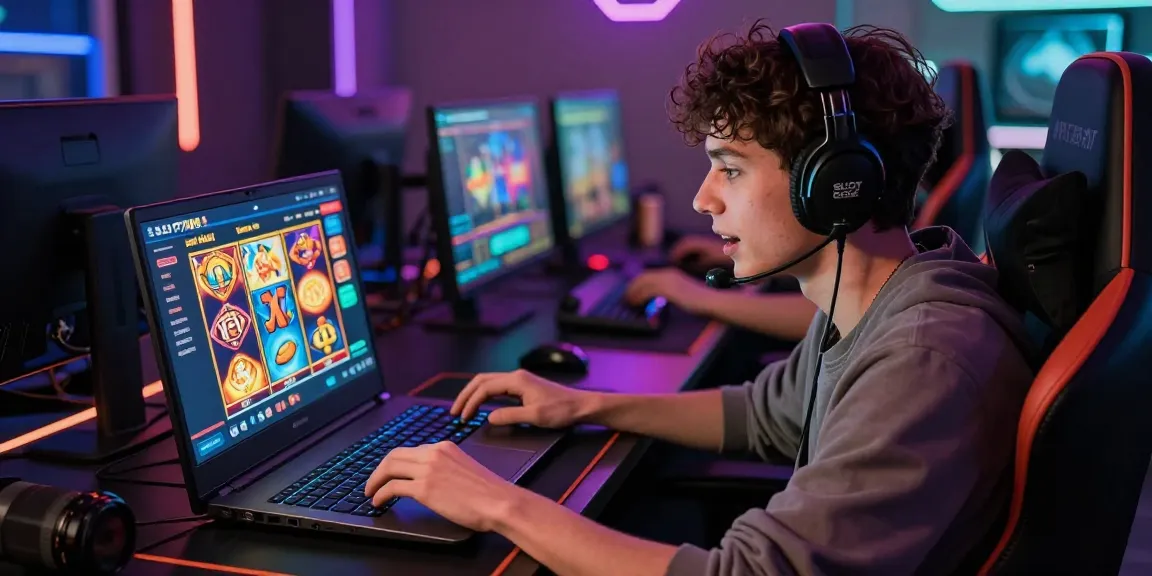 User enjoying a thrilling online gaming experience with SLOT7000 platform on a laptop, surrounded by vibrant gaming accessories.