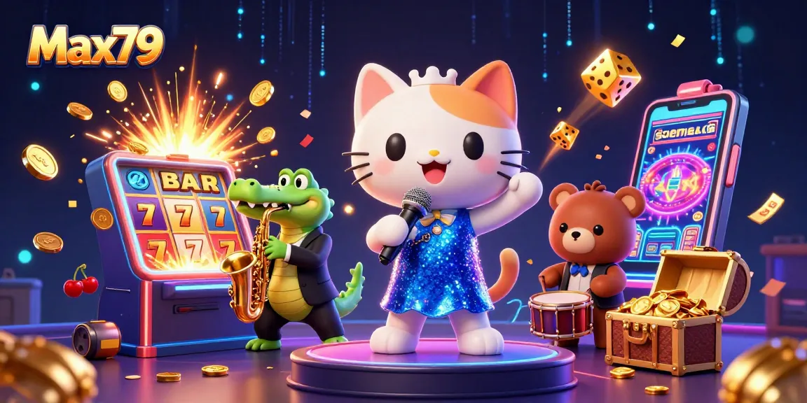 Max79 showcases a vibrant casino scene with jazz-singer cat, crocodile, and bear cub.