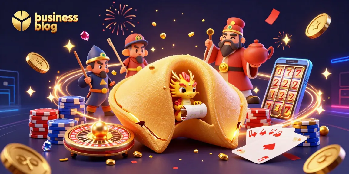 Engage with the business blog showcasing vibrant casino elements featuring a dragon, fortune cookie, and scattered golden coins.
