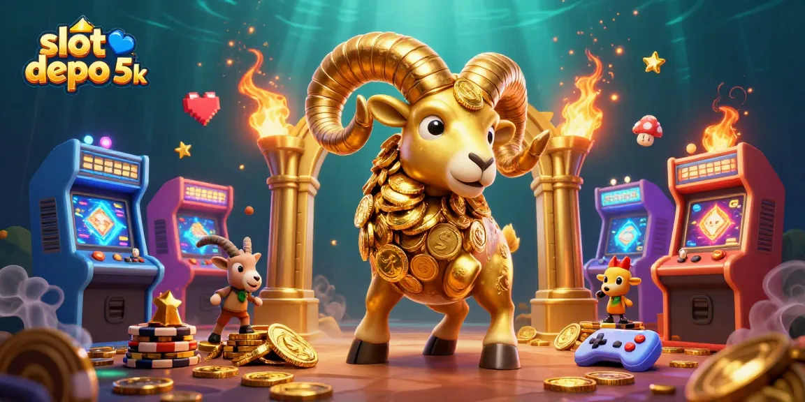 Engage with the exciting slot depo 5k, featuring a golden ram in a lively casino scene.