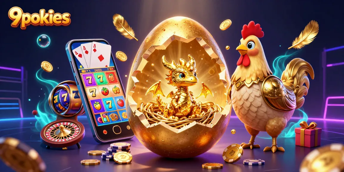 Spin and win with 9pokies in this vibrant 3D scene featuring a golden dragon and rich casino elements.