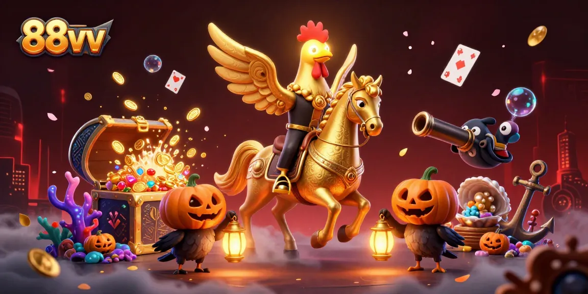 Experience the thrills of 88vv's unique gaming scene with a festive golden rooster and glowing treasures.