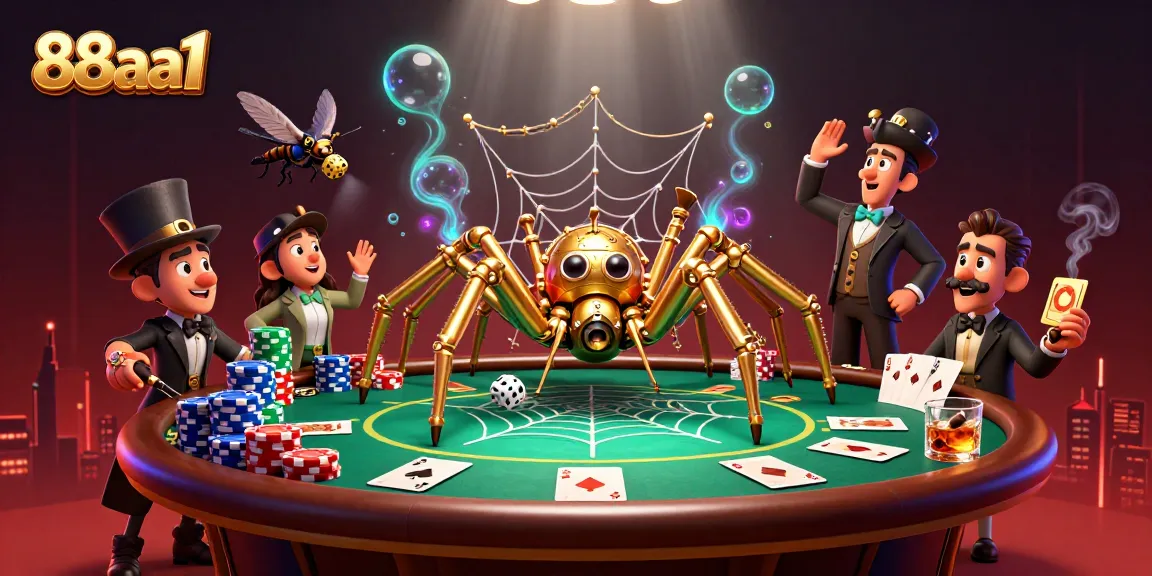88aa1 showcases a 3D illustration of a steampunk spider web blended with poker elements in a casino scene.