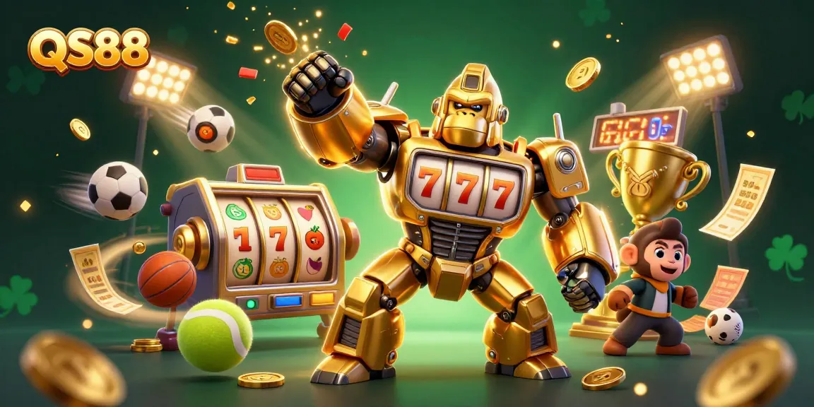 Experience exciting gaming with QS88 featuring a golden gorilla mech smashing through coins and slot symbols.