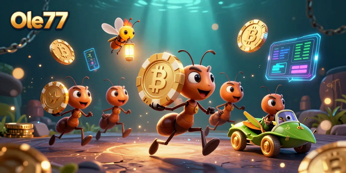 Engage in thrilling adventures with Ole777 as cartoon ants carry a giant poker chip through an underground tunnel.