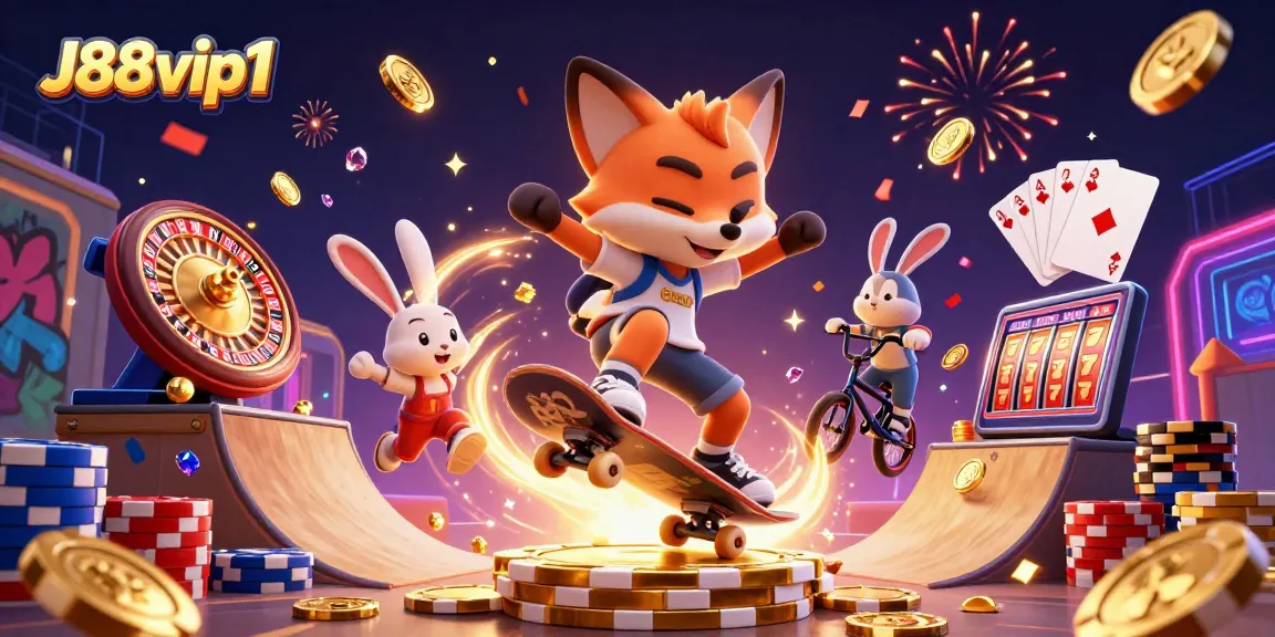 Experience thrilling gameplay with J88vip1 featuring a dynamic scene of a fox and rabbit in an exciting casino atmosphere.