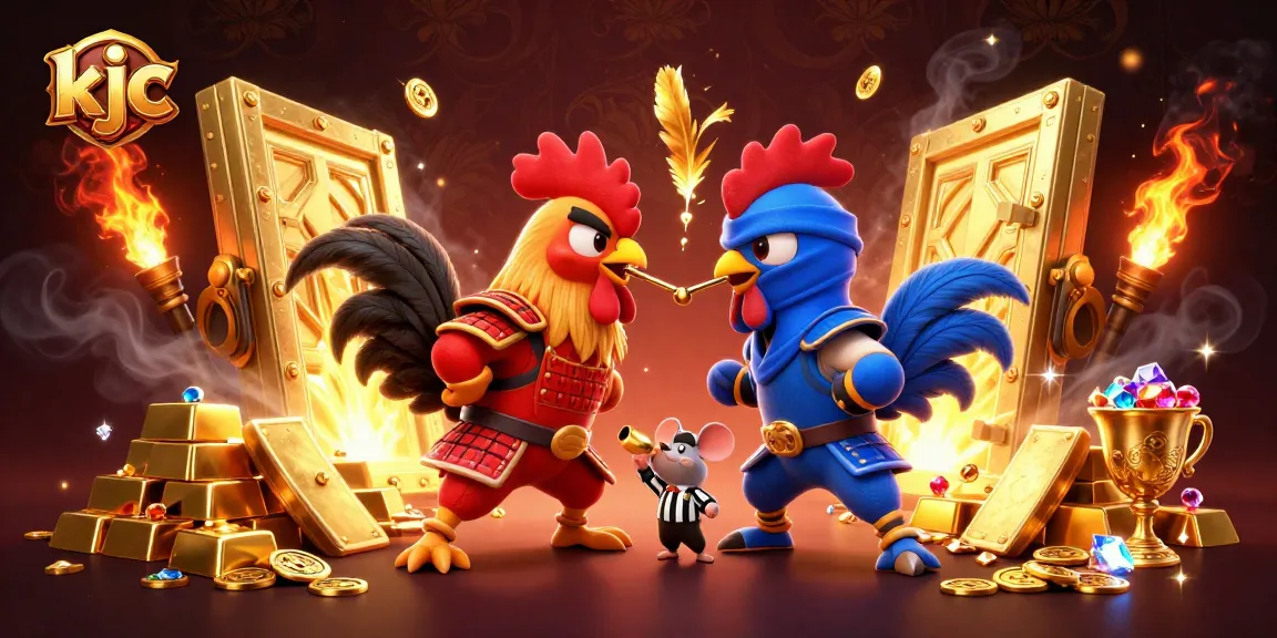 KJC showcases intense rooster fight action in a vibrant 3D scene, highlighting thrilling gambling excitement.