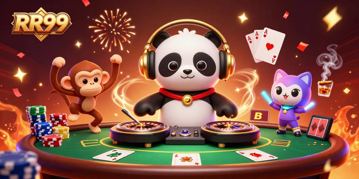 Experience the excitement of RR99 with a DJ panda, dancing monkey, and rave kitten in a lively casino scene.