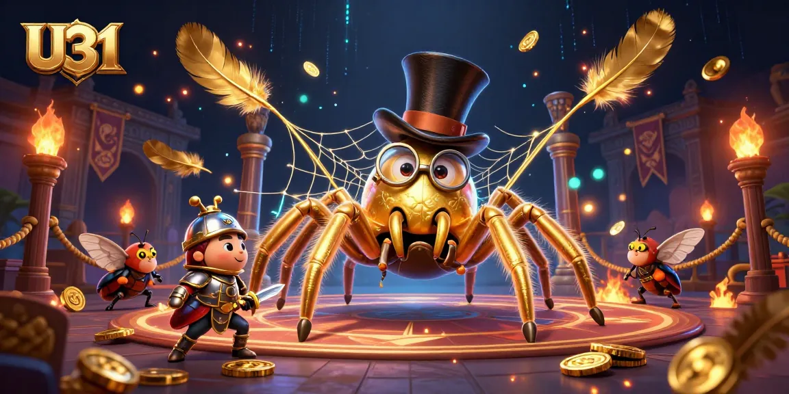 Experience U31 casino thrills with a golden tarantula and knight in a vibrant gambling scene.