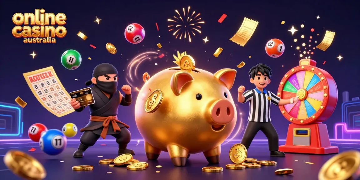 Experience the excitement of online casino Australia with a vibrant 3D illustration showcasing dynamic gambling elements