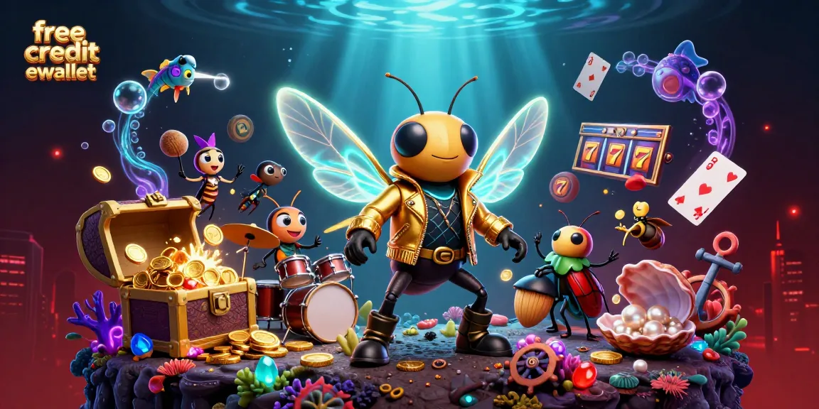 Engage with free credit ewallet as animated cicada rock star shines in a vibrant casino scene.
