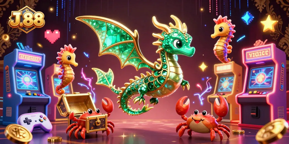 Experience gaming magic at J.88 with a stunning sea dragon surrounded by lively casino elements.
